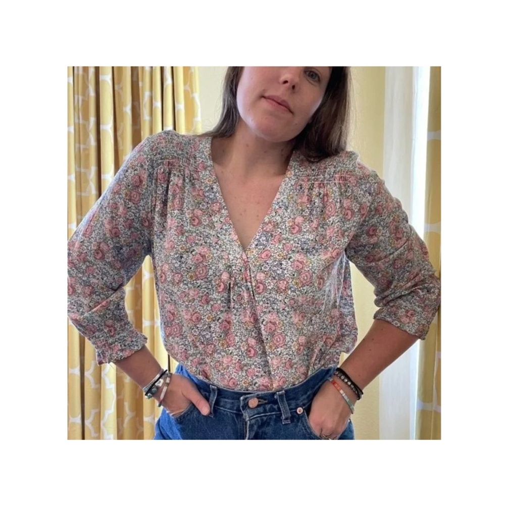 CYNTHIA ROWLEY Blue White Pink Multi Floral V-Neck 3/4 Sleeve Boho Summer Blouse - Picture 2 of 14